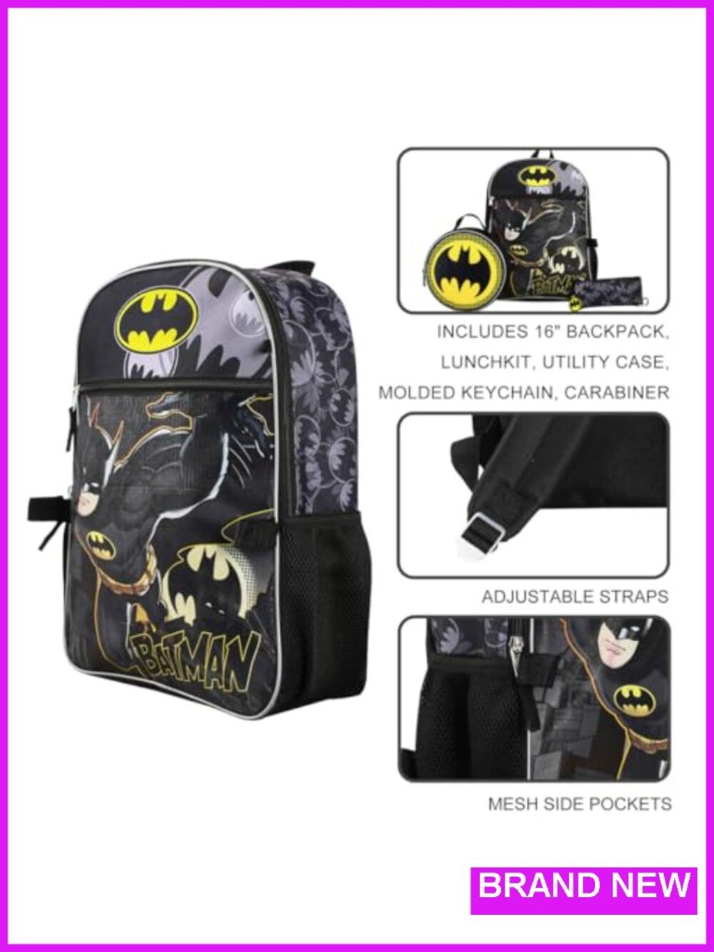 Batman 5-Piece Backpack Set with Lunch Kit, Utility Case, Keychain - Picture 5 of 6